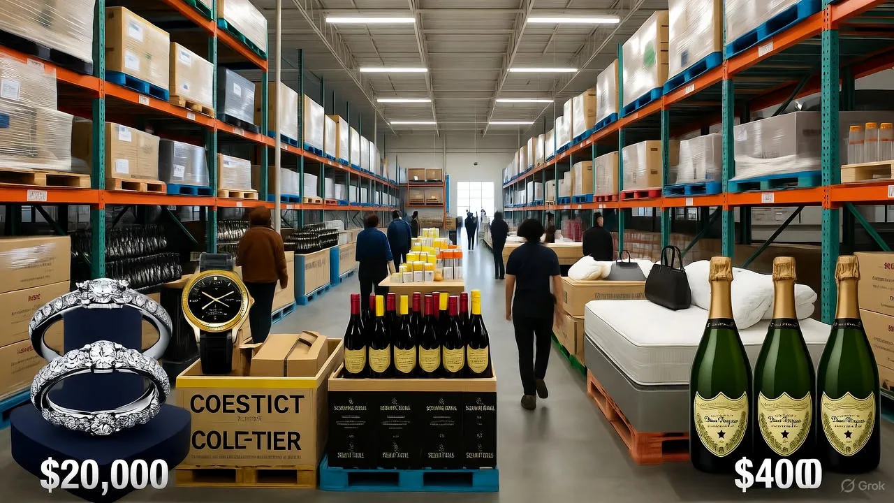 Split view of Costco warehouse showcasing luxury goods next to bulk items