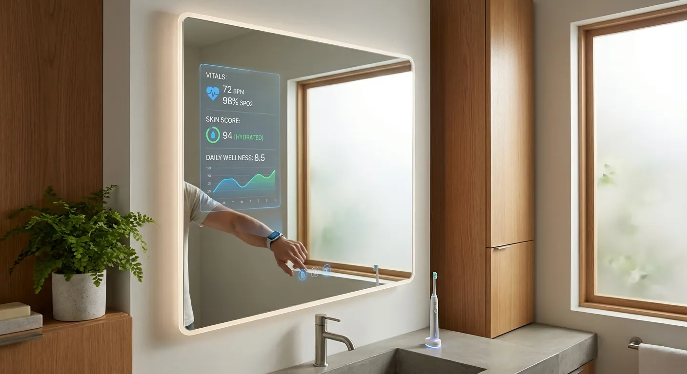 Smart bathroom mirror displaying health metrics and analysis interface