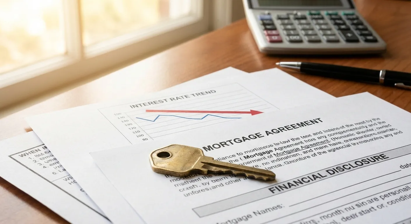 House key on a mortgage document next to a calculator showing declining rates