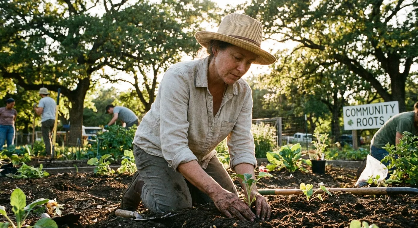 Weekend gardener finding peace working with soil and plants in community plot