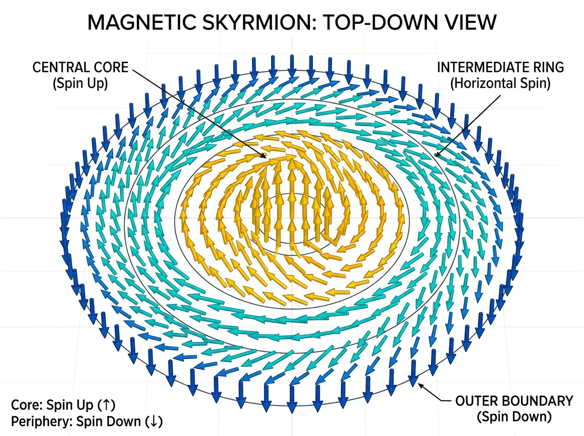 Diagram of a magnetic skyrmion showing swirling spin texture from center to edge