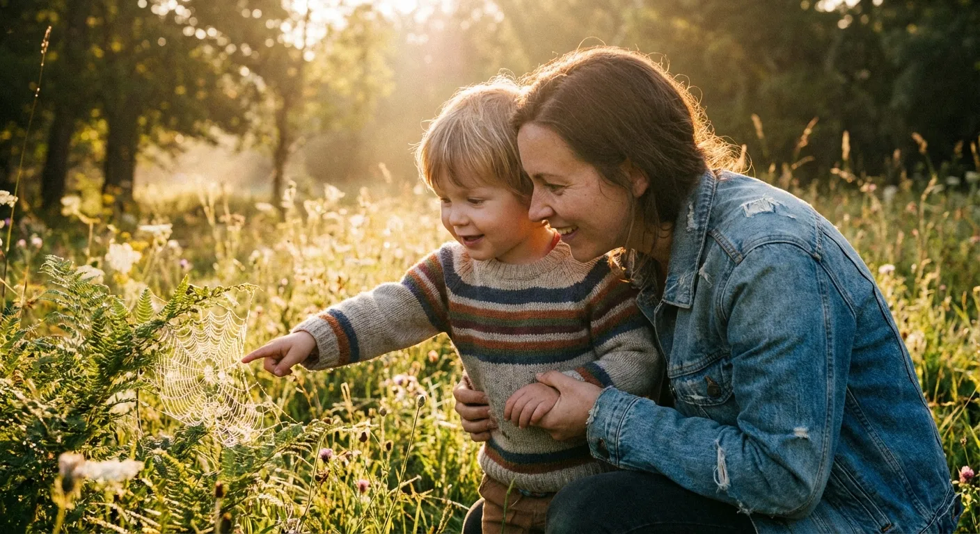 Parent and child exploring nature together with shared looks of wonder and discovery