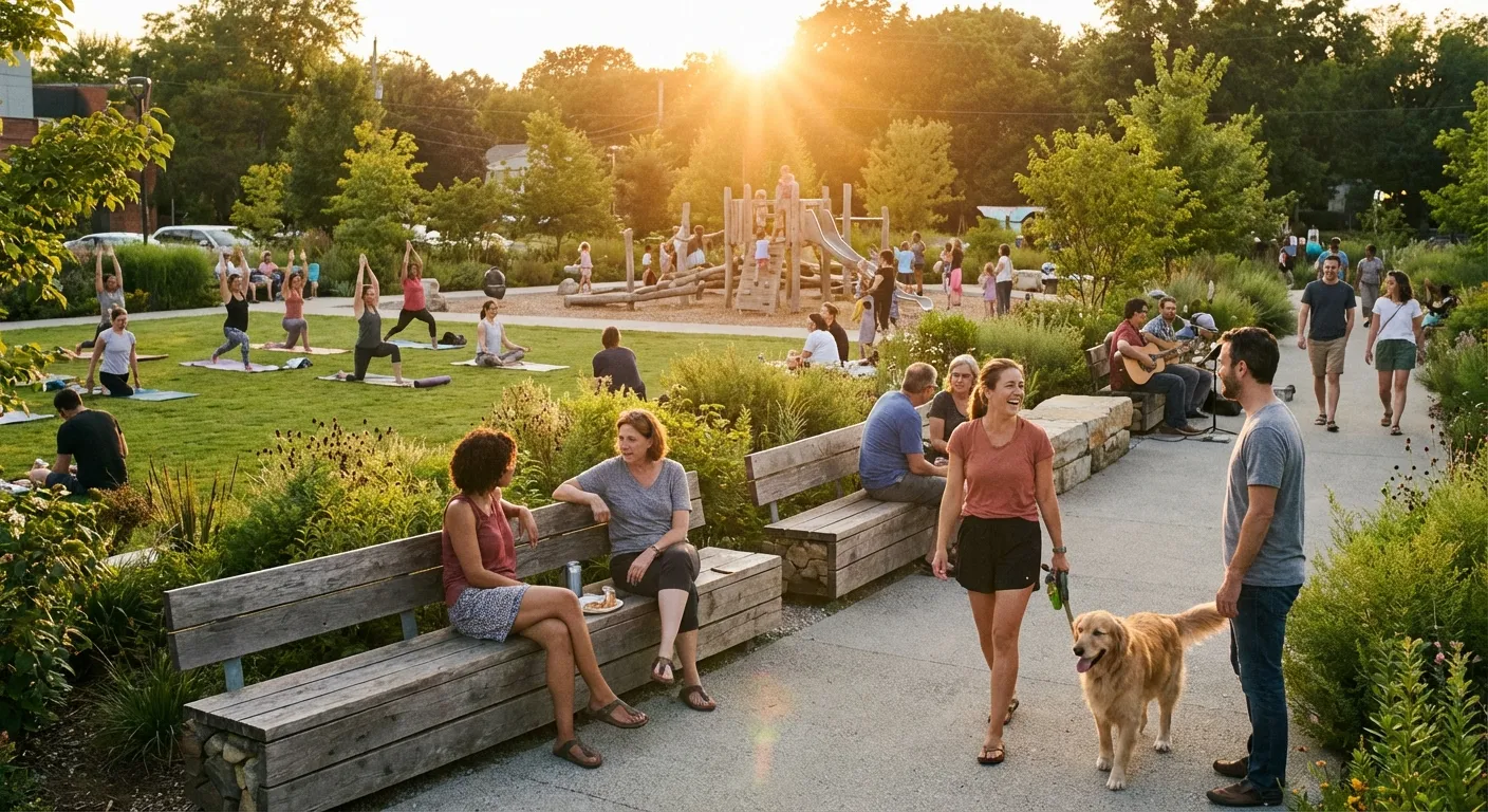 Community gathering in a park with diverse people engaging in various social activities