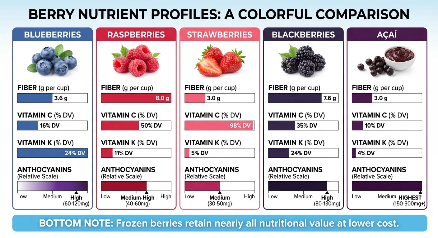 Comparison of nutrient profiles across different berries showing fiber, vitamin C, and anthocyanin content