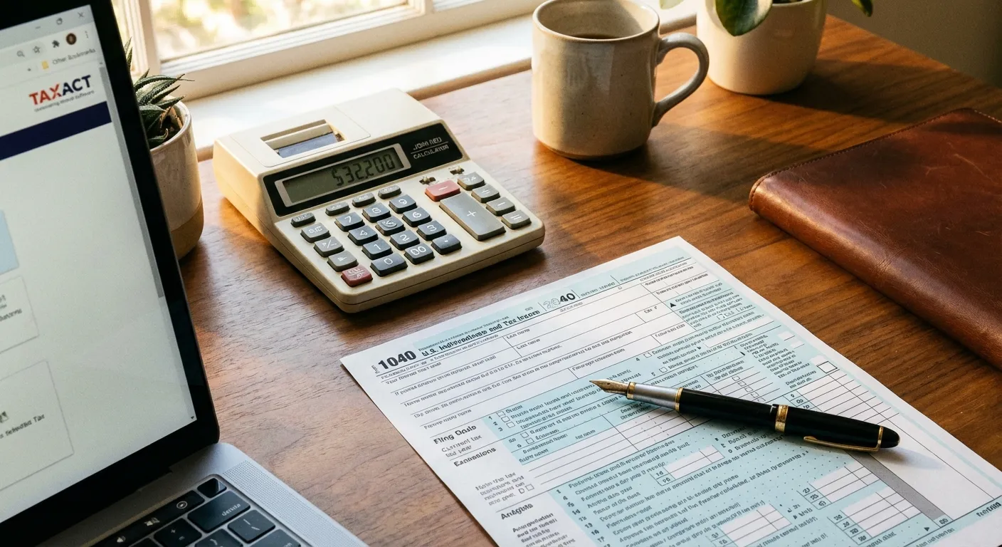 IRS Form 1040 with calculator showing standard deduction amount