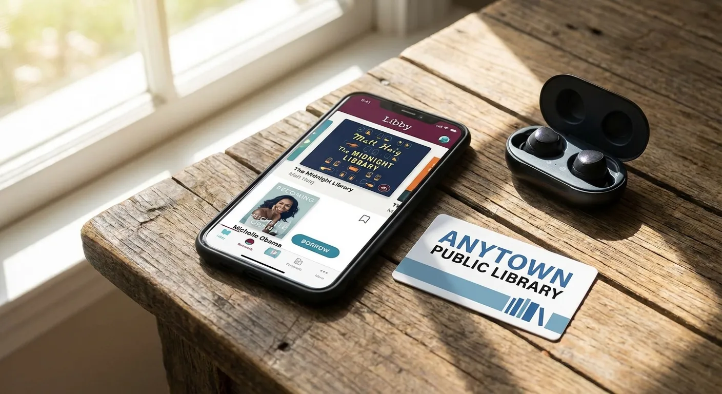 Smartphone showing library app with audiobooks and ebooks