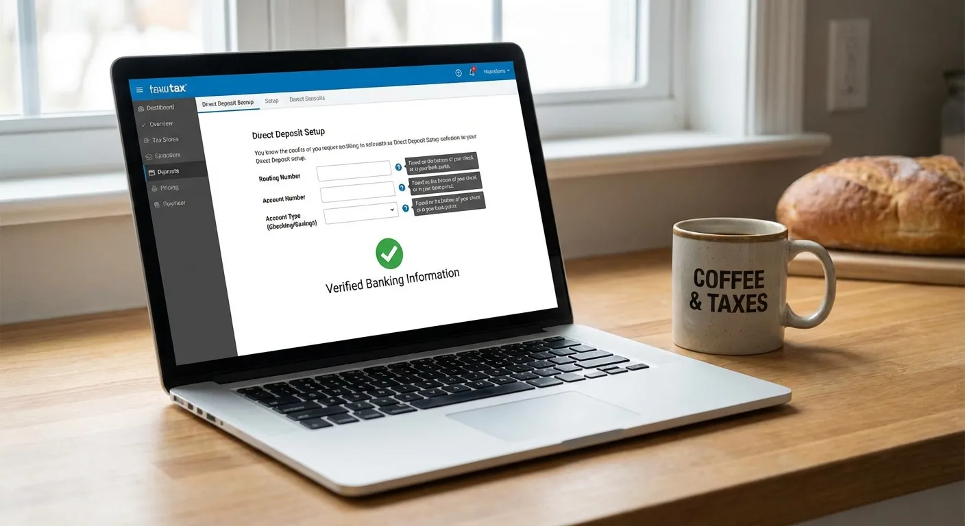 Tax software direct deposit screen showing routing and account number fields