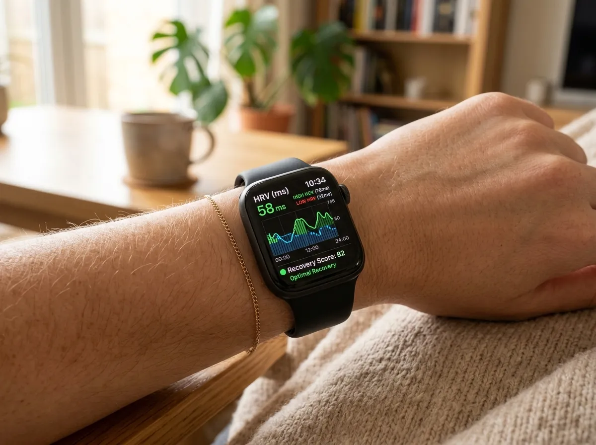 Close-up of hands wearing a smartwatch displaying heart rate variability data