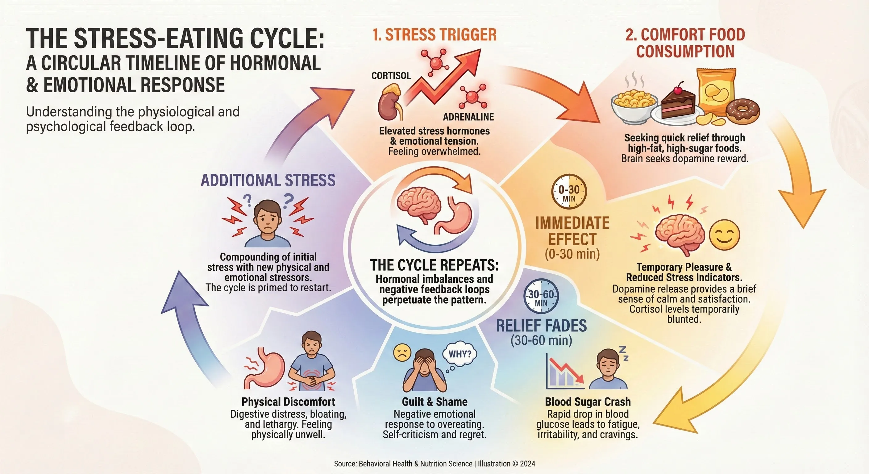 Timeline showing stress relief from comfort food lasting only 15-30 minutes before stress returns