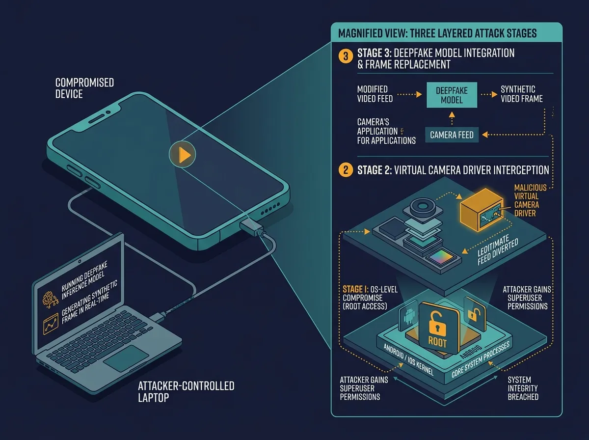 A diagram-style illustration showing a compromised phone feeding a deepfake video into a bank app