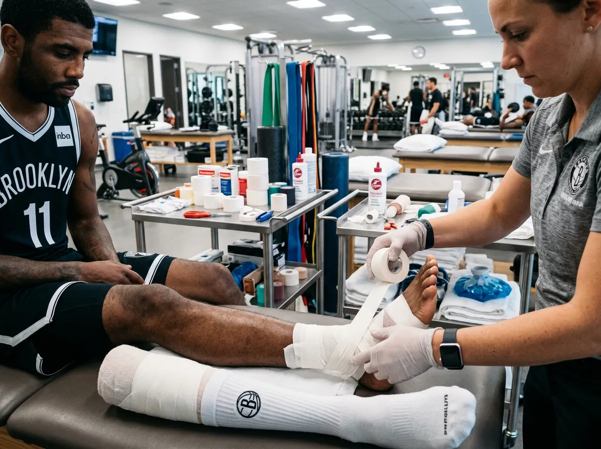 Medical staff wrapping an athlete's ankle with athletic tape in a training room