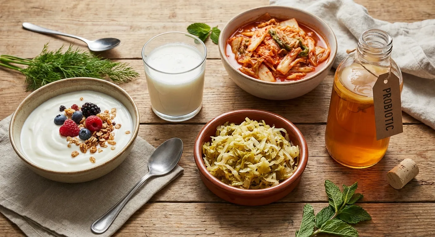 Diverse fermented foods including yogurt, kefir, sauerkraut, and kimchi that support gut microbiome health