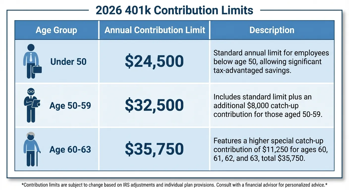 Table comparing 401k limits by age group for 2026