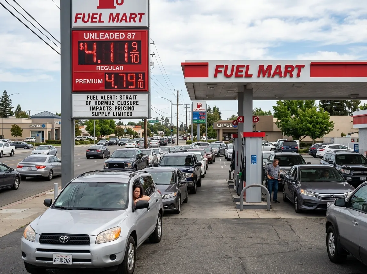 Gasoline price sign showing over four dollars per gallon at a busy American gas station