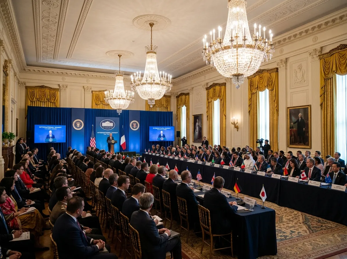 Wide shot of the White House East Room filled with international delegates during the technology summit