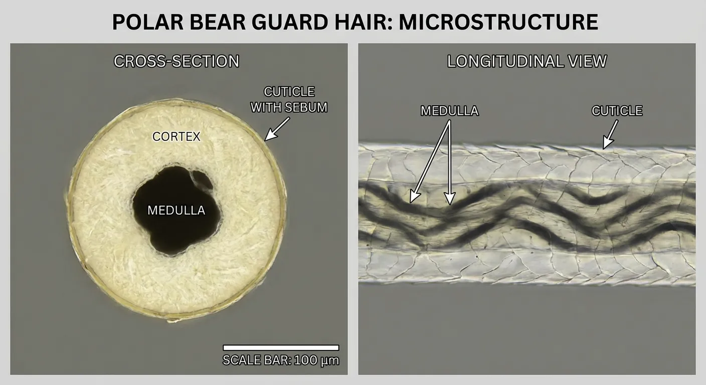Microscopic view of polar bear hair structure showing hollow core and outer coating