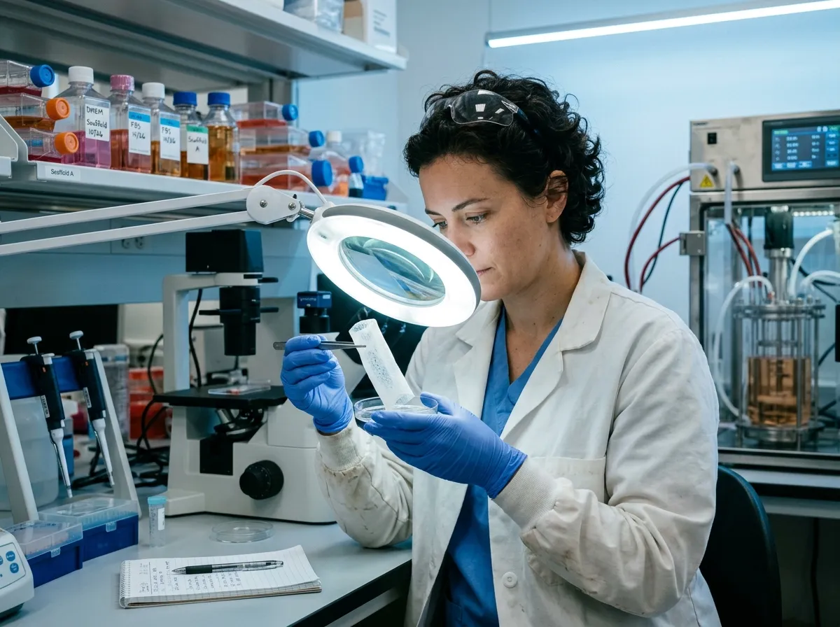 A scientist examining a tissue scaffold in a laboratory with specialized equipment