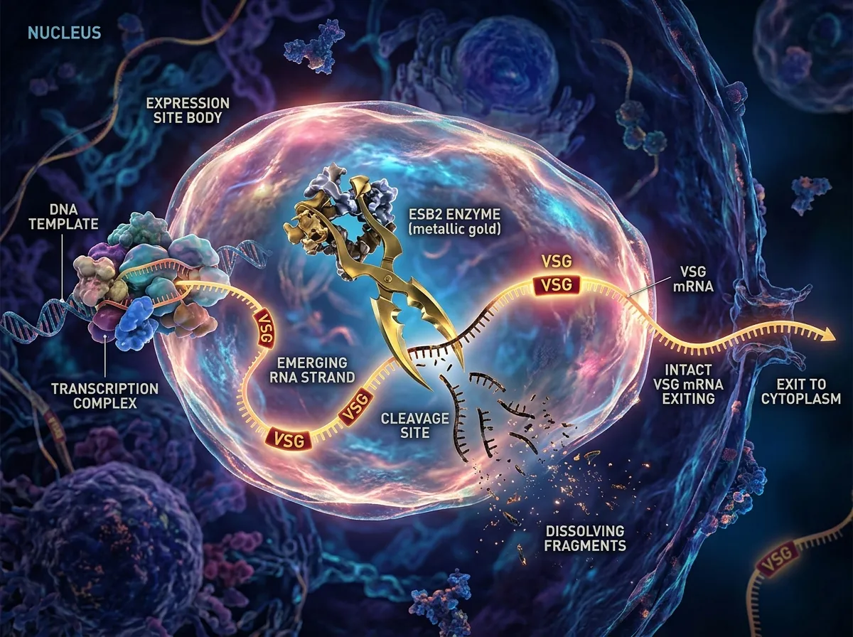 Abstract illustration of RNA strands being selectively cut by an enzyme inside a cellular compartment