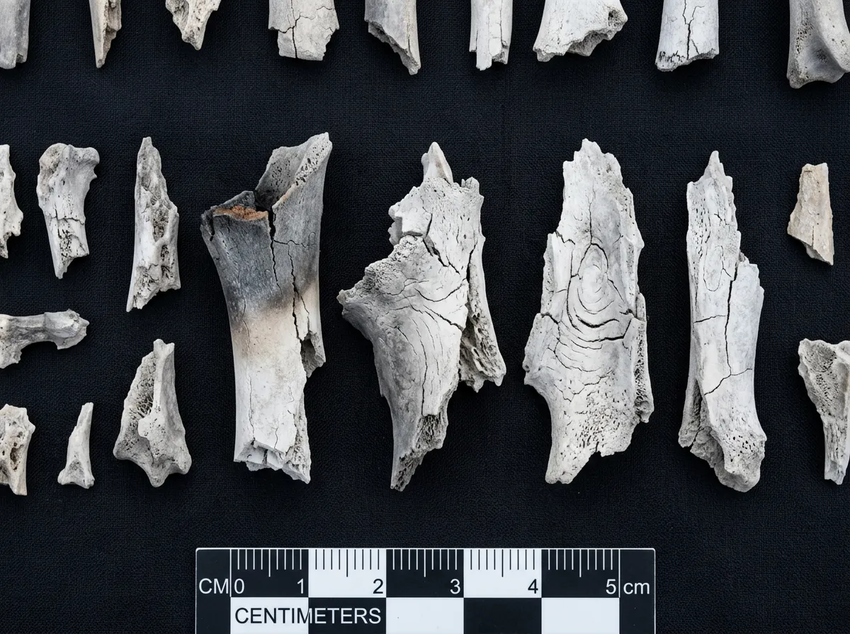 Close-up of calcined bone fragments from the 9,500-year-old cremation pyre at Hora
