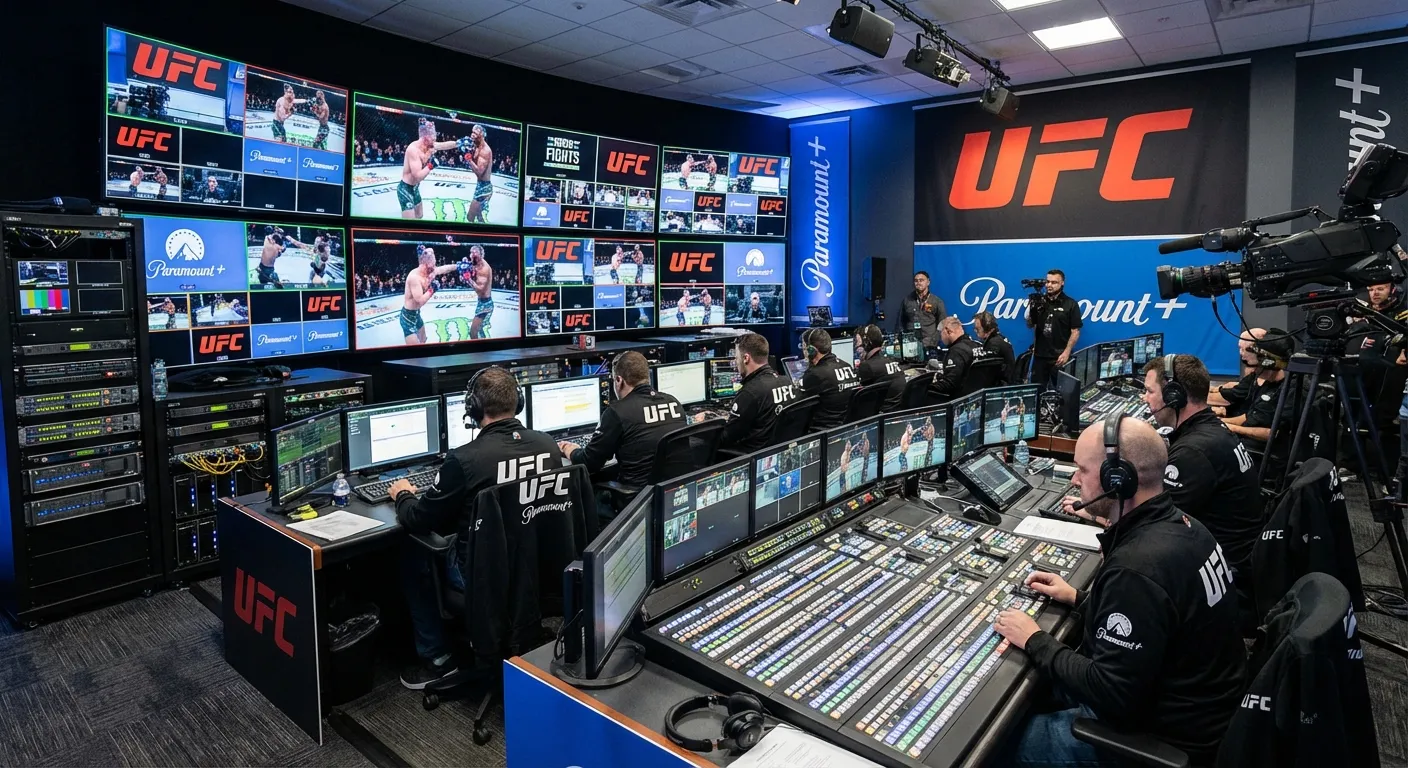 UFC broadcast setup with Paramount+ branding visible on screens and equipment