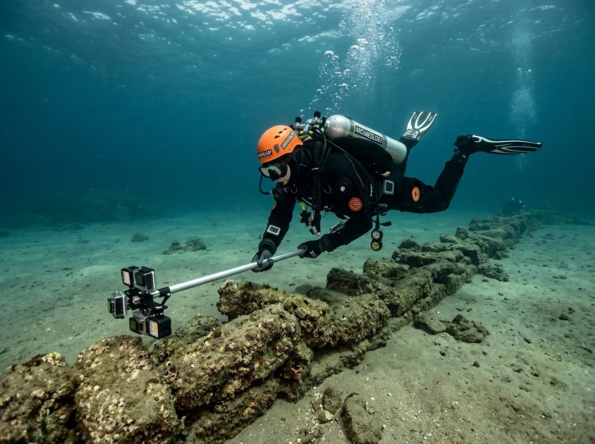 A marine archaeologist in cold-water diving gear documenting underwater stones with a pole-mounted camera