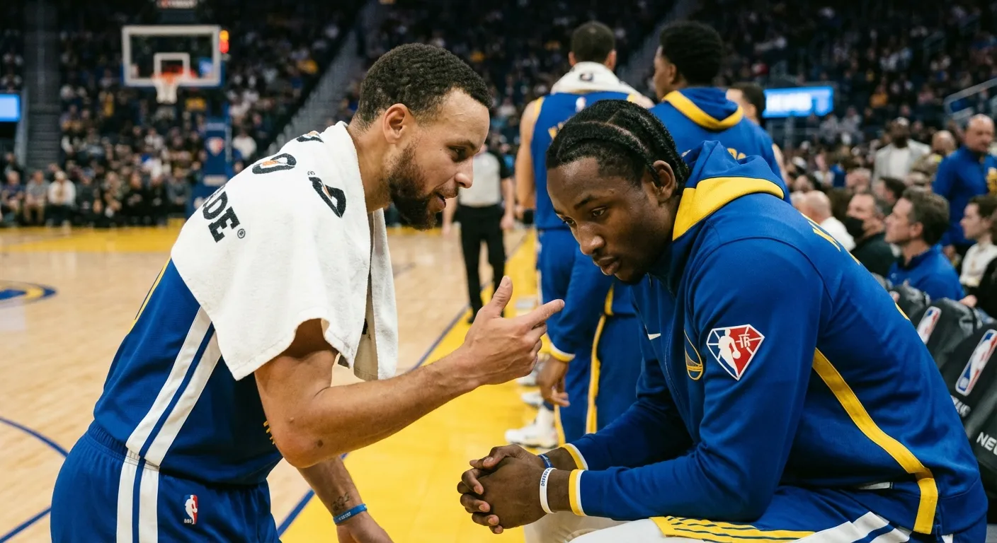 Stephen Curry and Jonathan Kuminga on bench discussing strategy during Warriors game