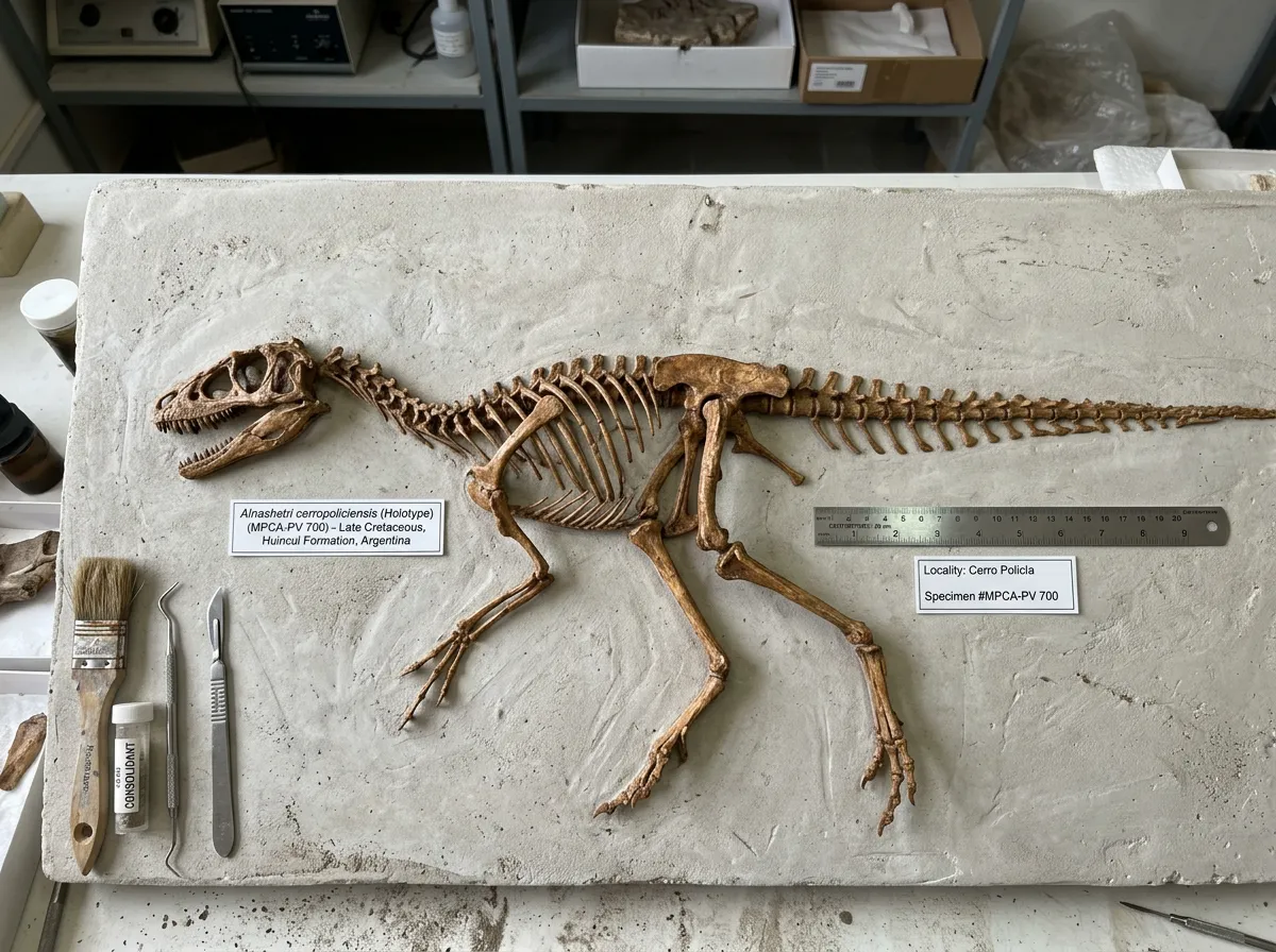 Fossil skeleton of Alnashetri cerropoliciensis laid out on a preparation table