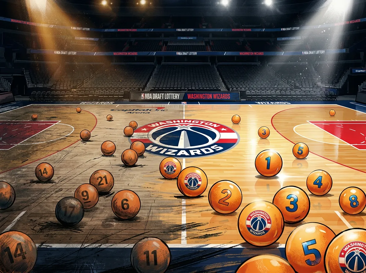 NBA draft lottery balls and a basketball court merging in a conceptual sports image