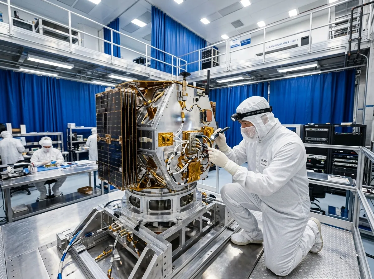 Engineer inspecting a small low Earth orbit communications satellite in a clean room
