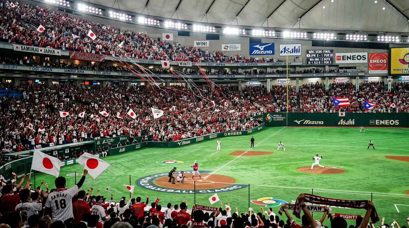 Baseball stadium packed with fans waving Japanese flags during an international tournament