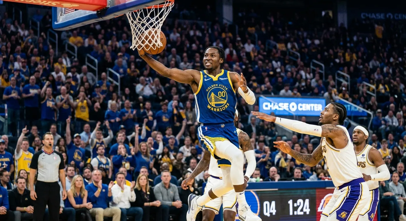 Jonathan Kuminga driving to the basket past defenders showcasing his athletic ability