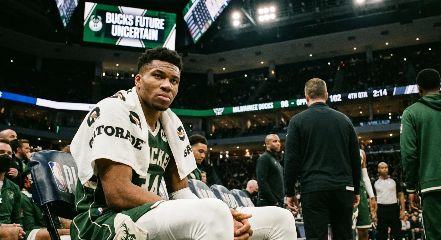 Giannis Antetokounmpo on the bench looking contemplative