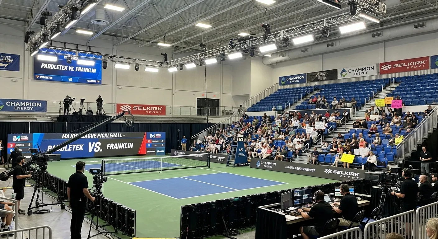 Professional pickleball venue with stadium seating and broadcast equipment