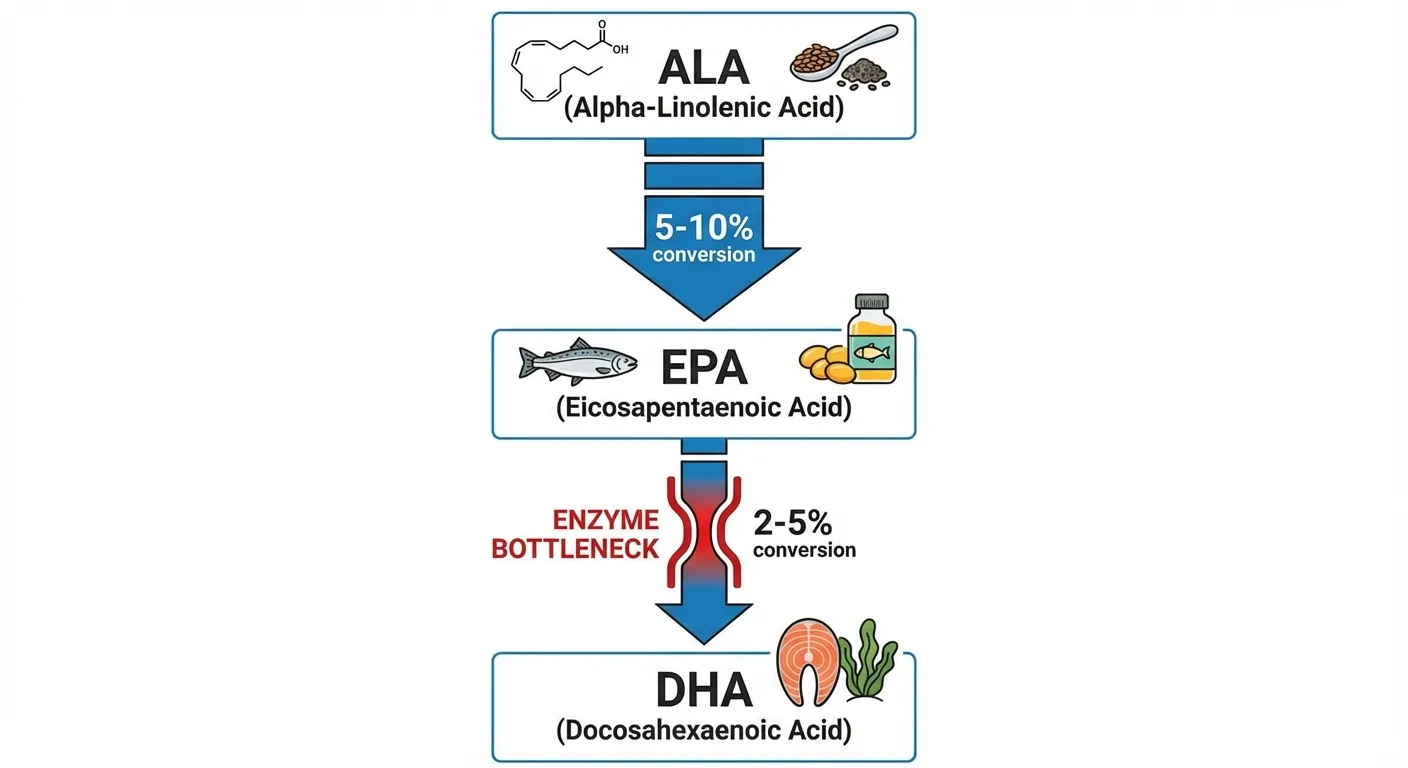 Infographic showing omega-3 conversion rates from ALA to EPA and DHA