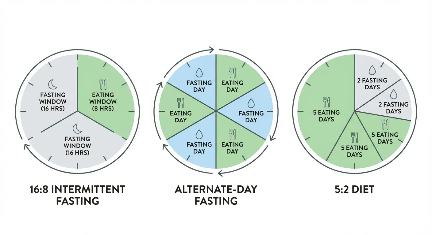 Three clocks showing different intermittent fasting windows: 16:8, alternate day, and 5:2