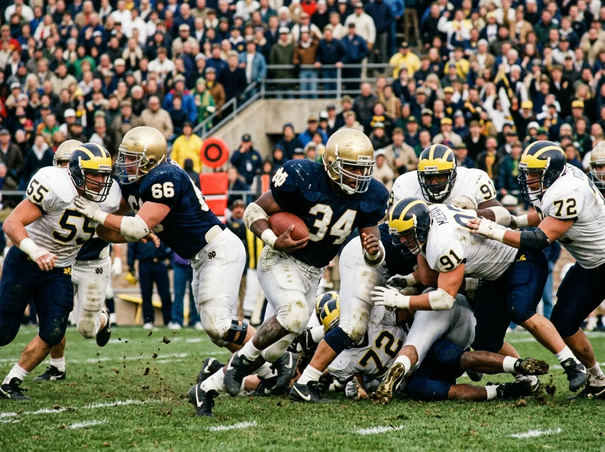A vintage college football game with players in classic Notre Dame gold helmets