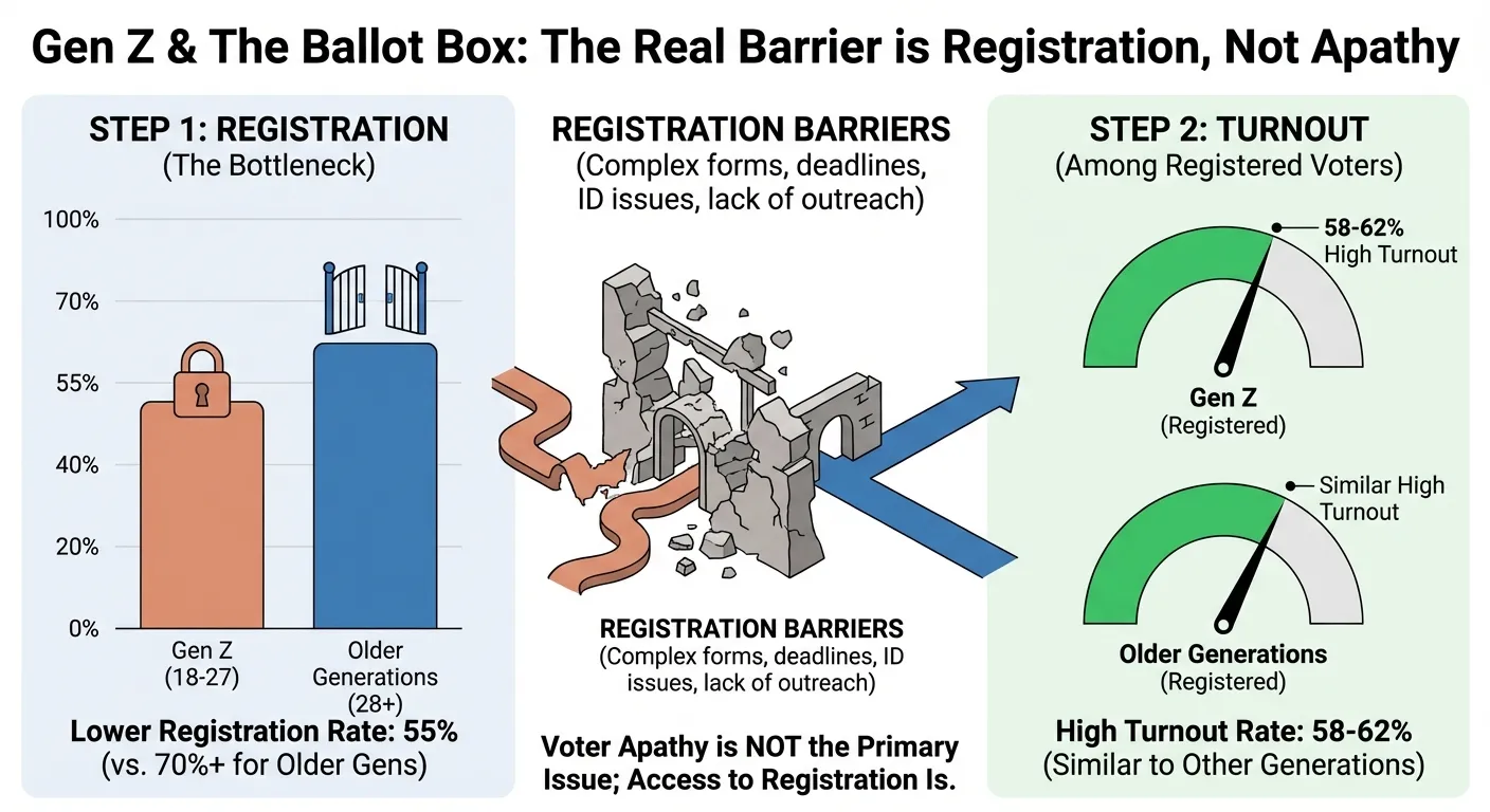 Data visualization comparing Gen Z voter registration rates to turnout rates when registered