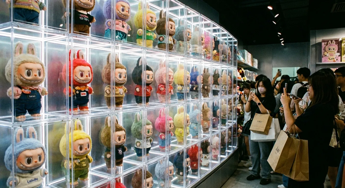 Colorful display of Labubu collectible figures in retail setting