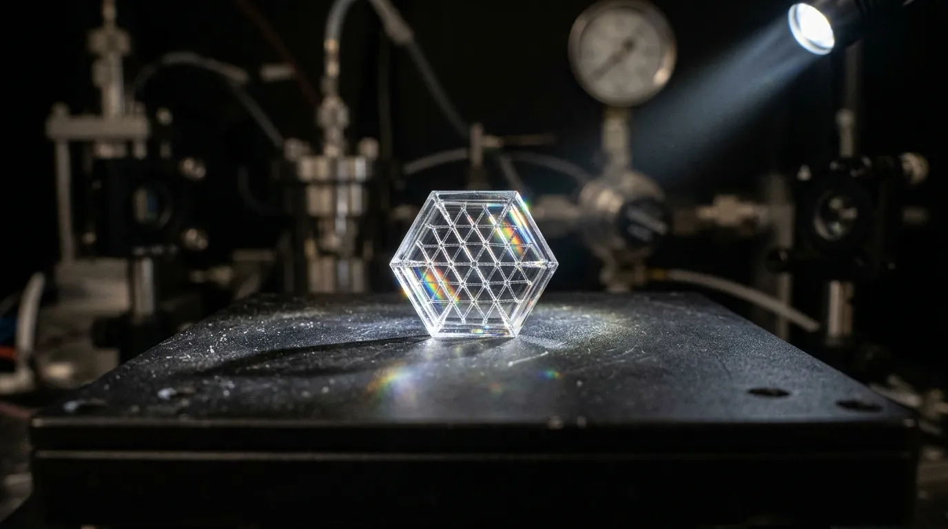 Microscopic view of translucent hexagonal diamond crystal under focused laboratory lighting
