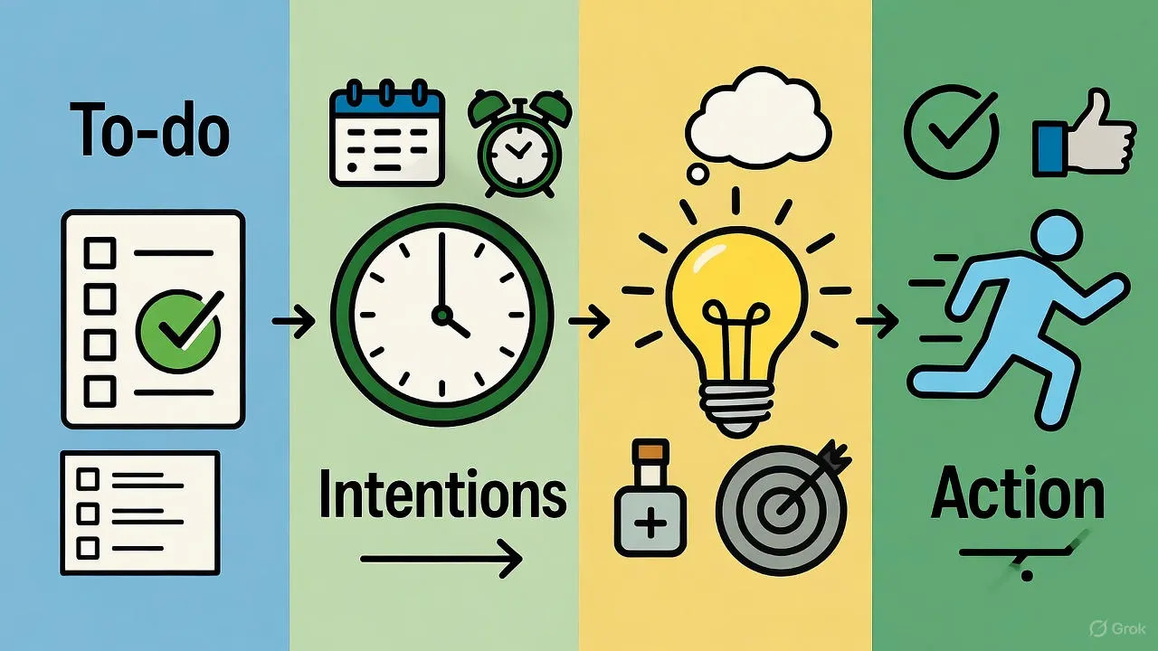 Person's planner open on desk showing color-coded time blocks with coffee and morning light
