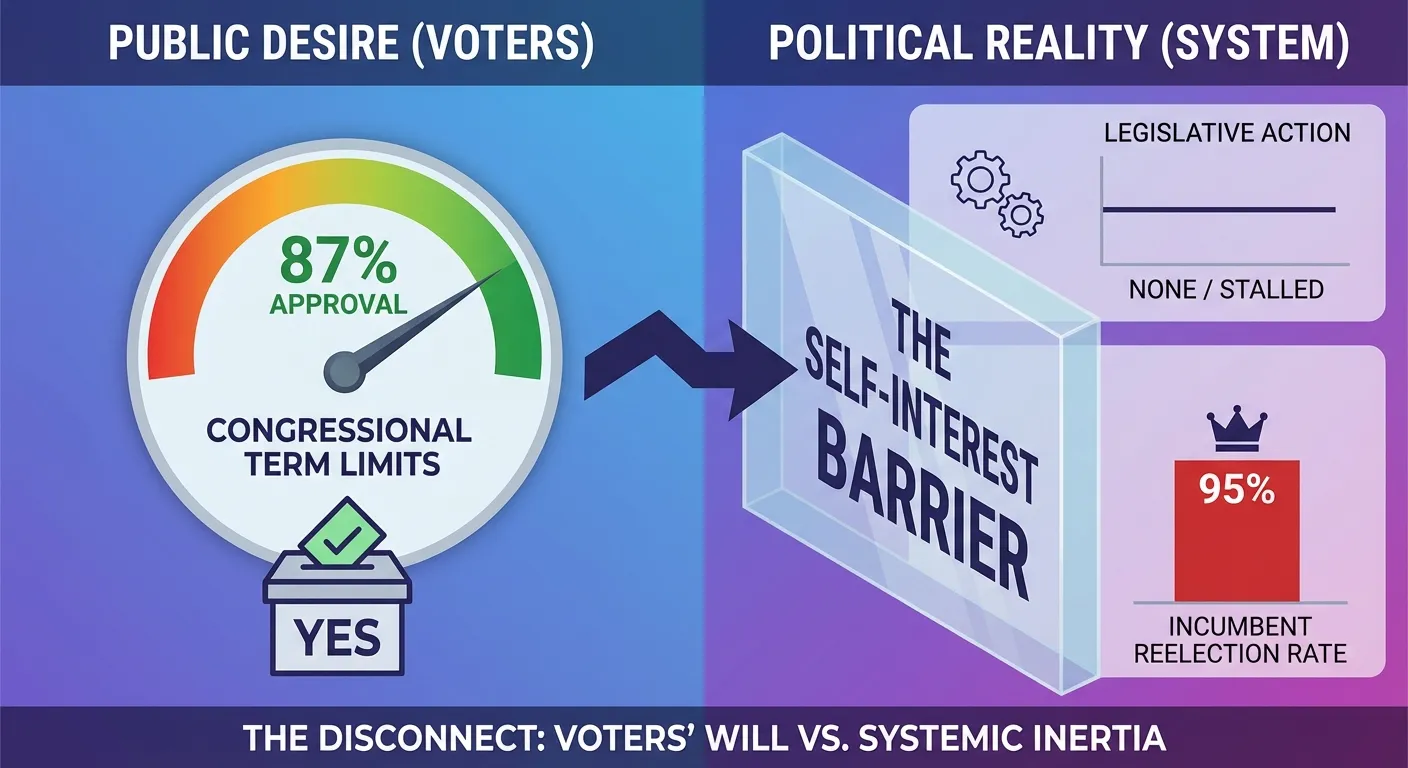 Data visualization showing 87% public support for term limits versus near-zero congressional action