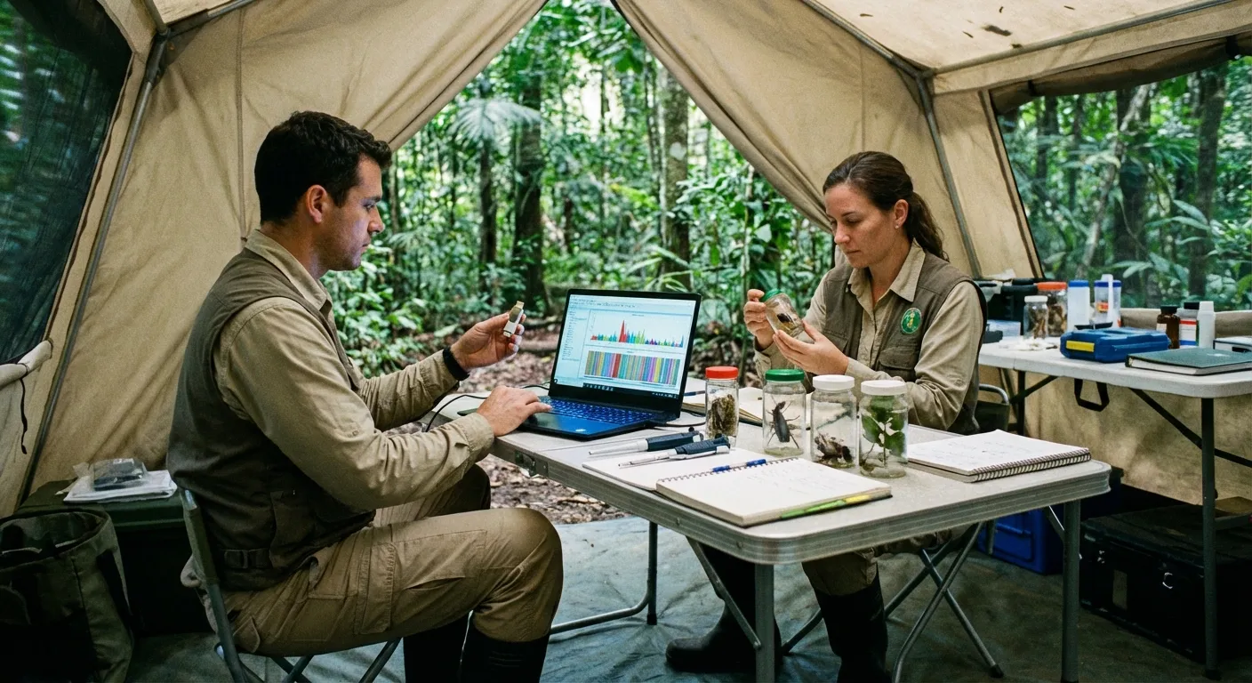 Scientists using DNA barcoding equipment in a mobile laboratory in the field