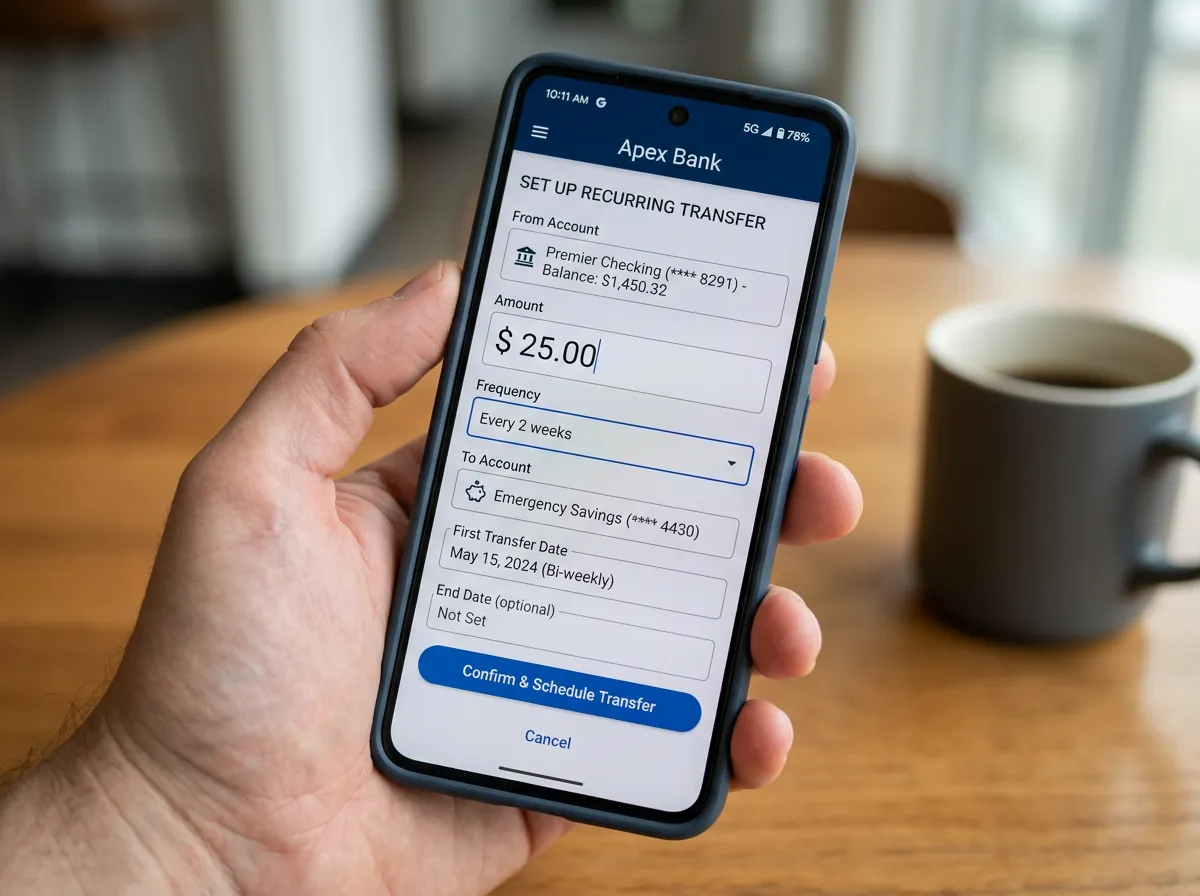 Smartphone screen showing automatic savings transfer setup in a banking app