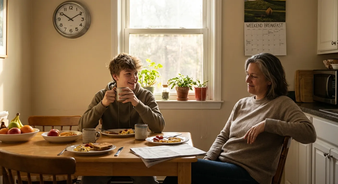 Parent and teen having relaxed conversation at breakfast table on weekend morning