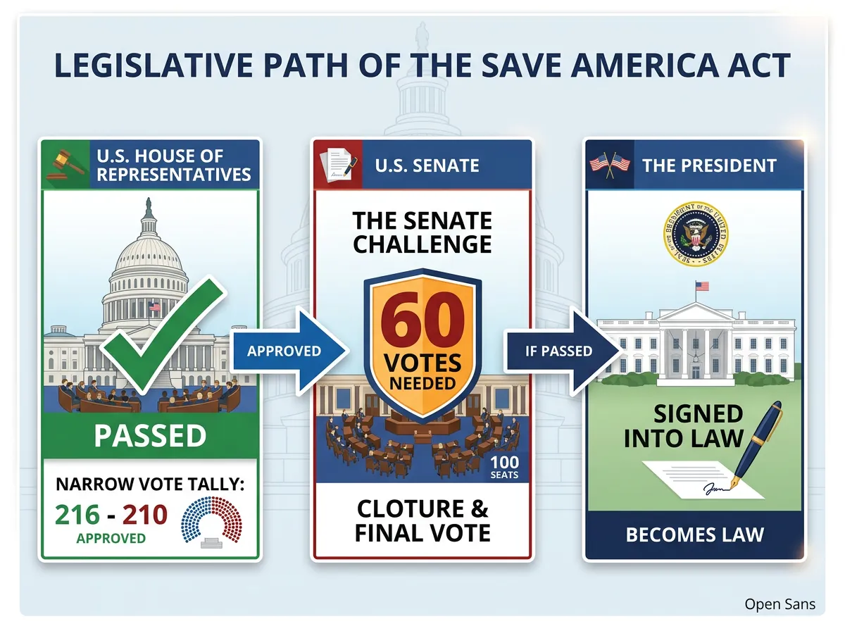 Infographic showing the SAVE America Act's path through Congress