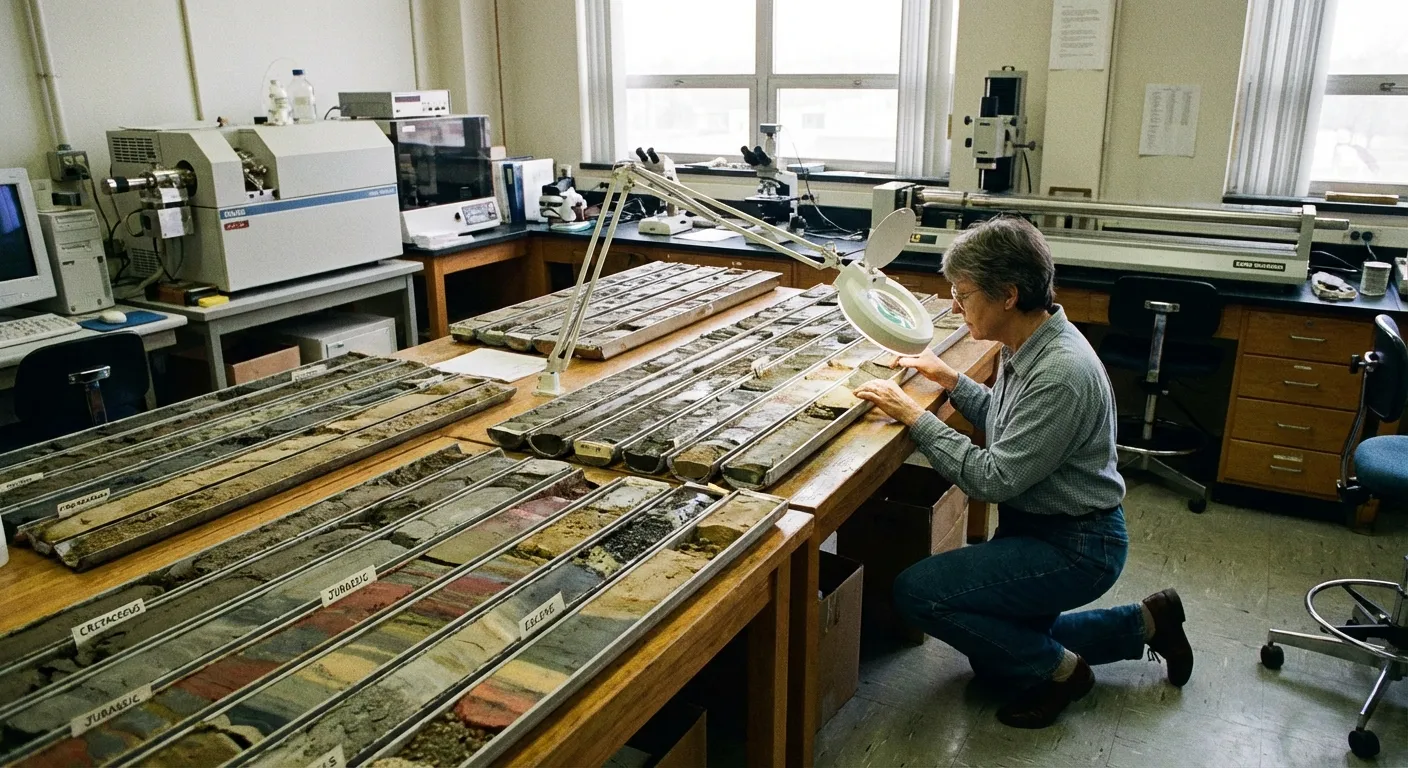 Scientist examining sediment core samples in a geology laboratory