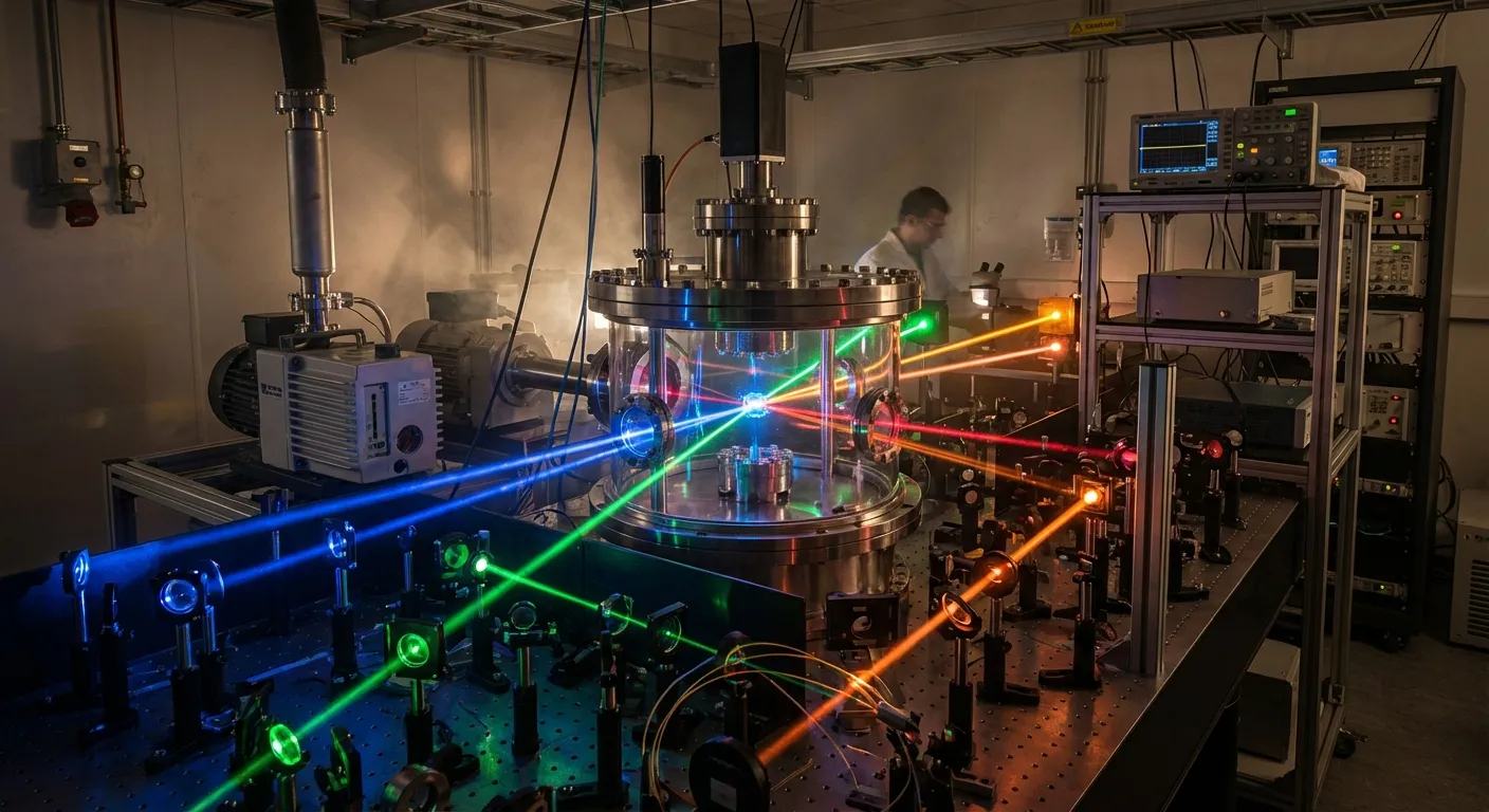 Laboratory setup showing laser beams cooling atoms in vacuum chamber