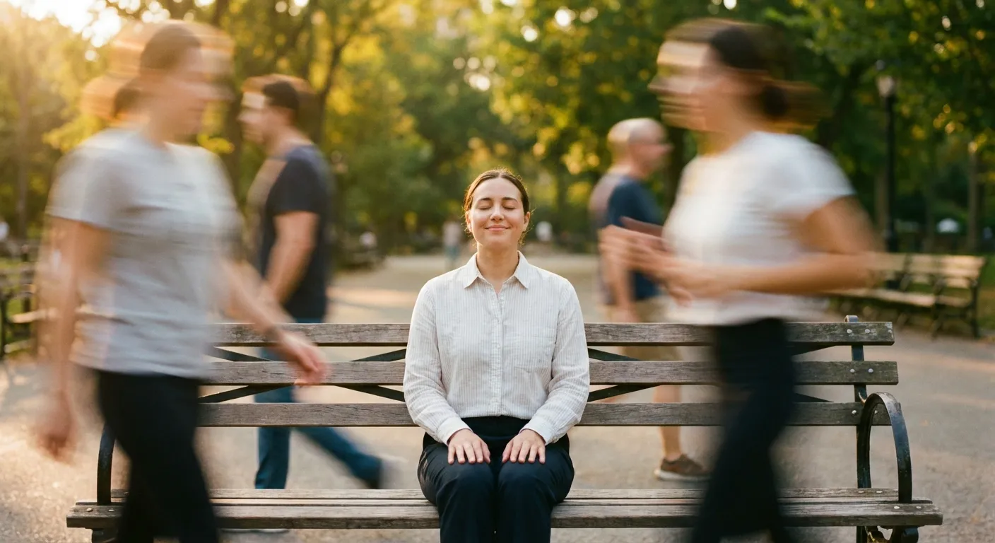 Person sitting peacefully on a park bench while others rush past in a blur of motion