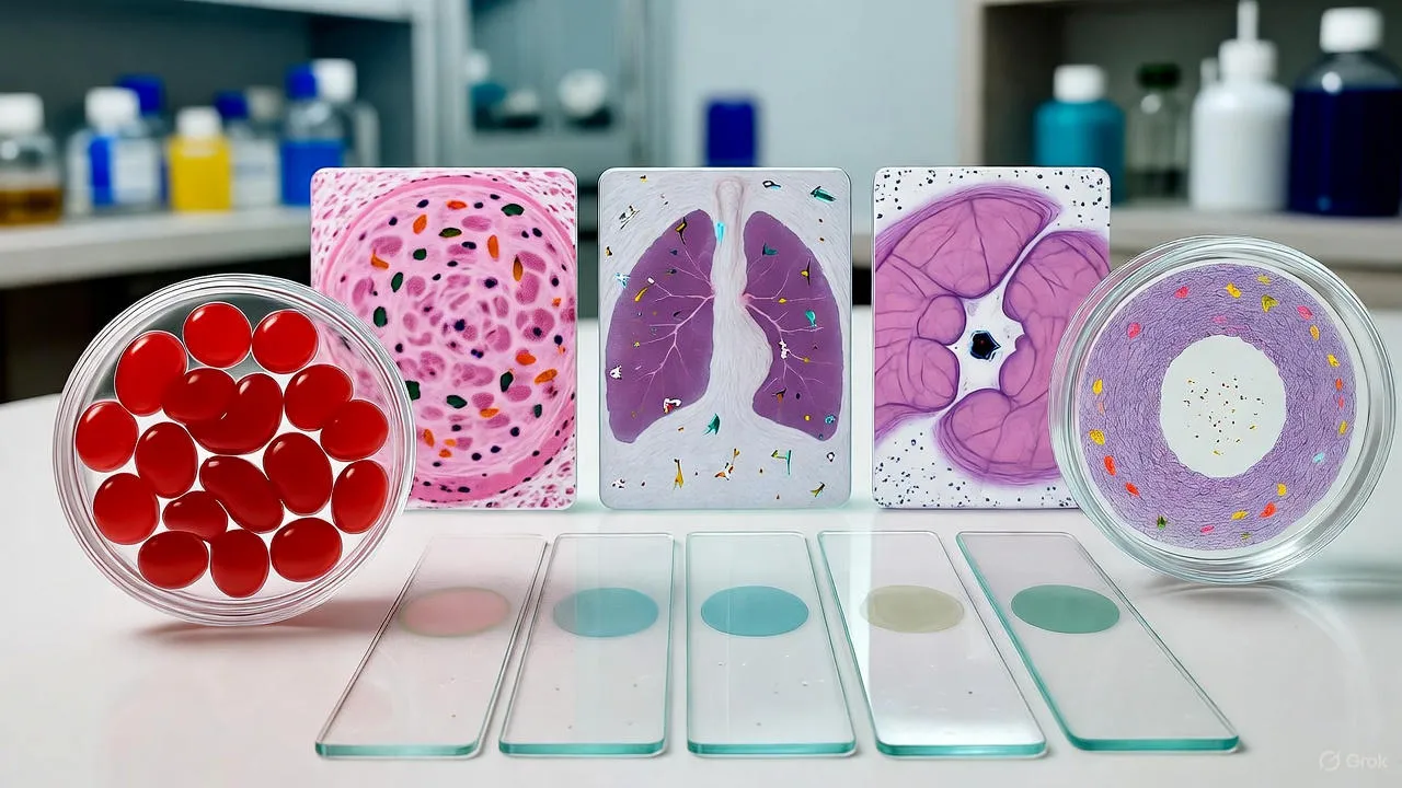 Microscopic view of colorful microplastic particles against a scientific backdrop