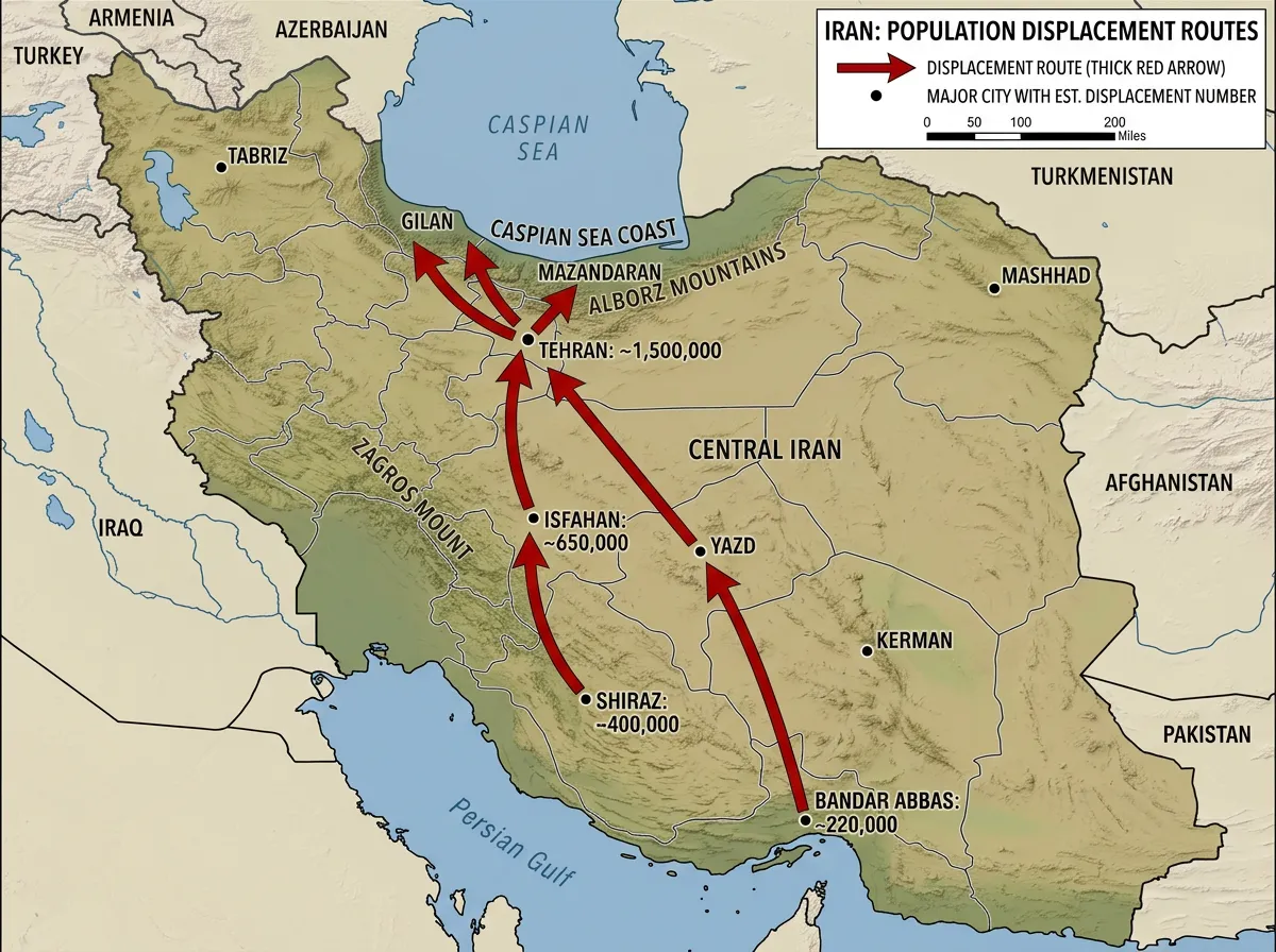 Map of Iran showing displacement routes from Tehran and major cities northward